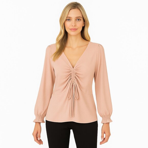 Le Chateau Blouse Sz L cinched Peplum blush V neck pink crepe - Picture 2 of 9